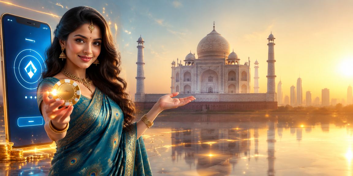 Woman using mobile to play Rummy and manage payments in traditional saree