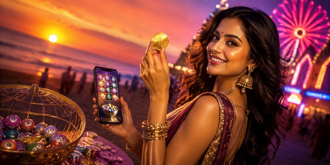 Goa beach-themed lottery event with Bollywood style banners