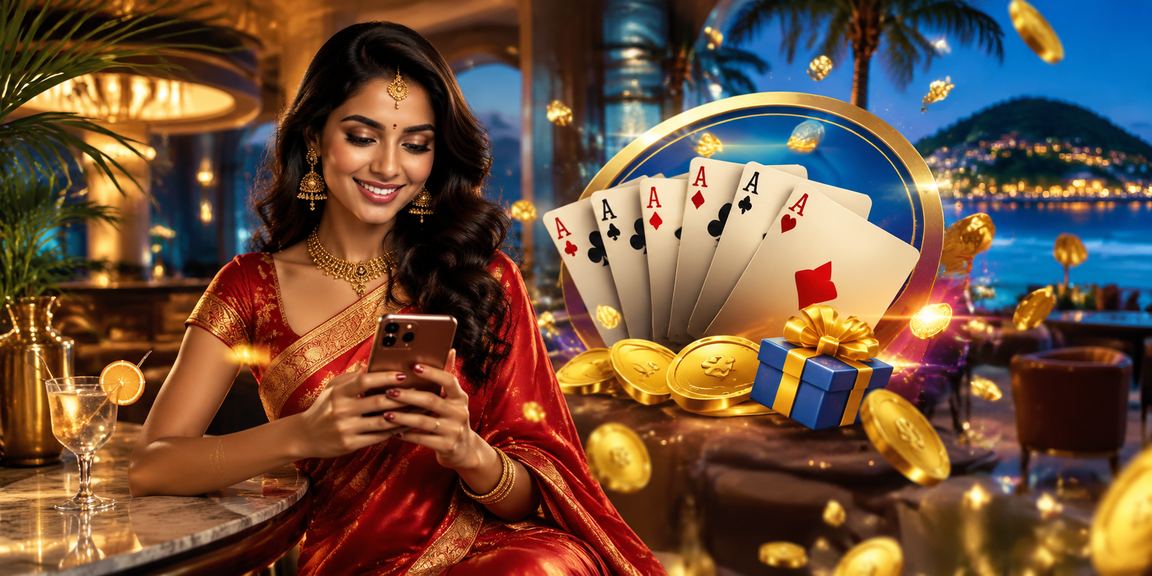 Woman playing Teen Patti on mobile in traditional saree
